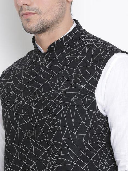 Men's White Cotton Blend Kurta, Ethnic Jacket and Pyjama Set