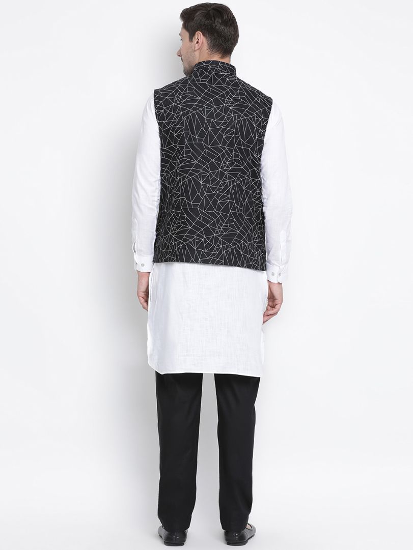 Men's White Cotton Blend Kurta, Ethnic Jacket and Pyjama Set