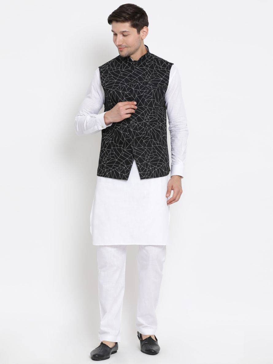 Men's White Cotton Blend Kurta, Ethnic Jacket and Pyjama Set