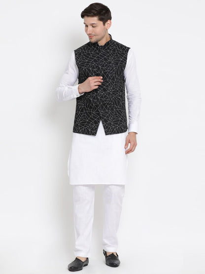 Men's White Cotton Blend Kurta, Ethnic Jacket and Pyjama Set