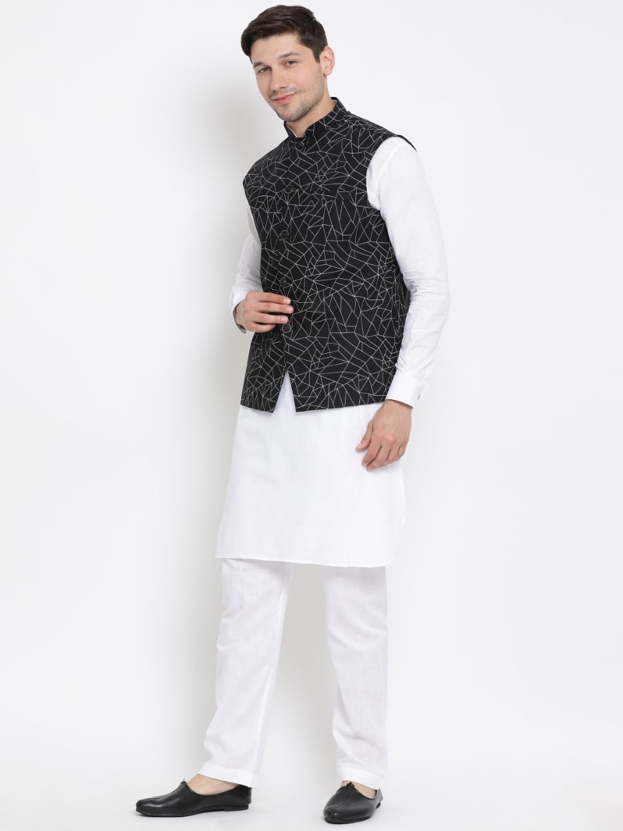 Men's White Cotton Blend Kurta, Ethnic Jacket and Pyjama Set