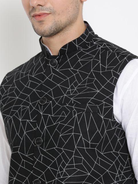 Men's White Cotton Blend Kurta, Ethnic Jacket and Pyjama Set