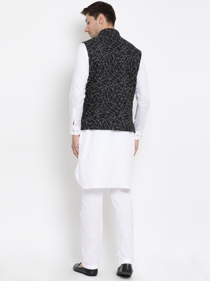 Men's White Cotton Blend Kurta, Ethnic Jacket and Pyjama Set