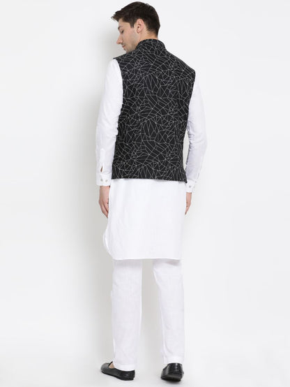 Men's White Cotton Blend Kurta, Ethnic Jacket and Pyjama Set