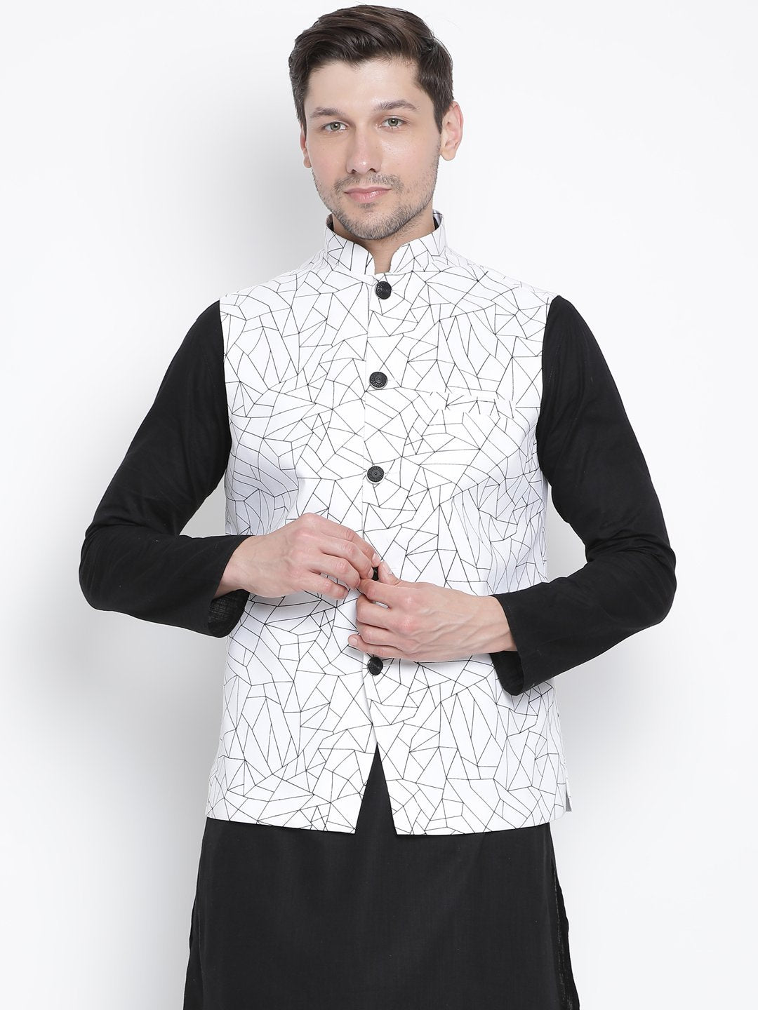 Men's White Cotton Blend Ethnic Jacket