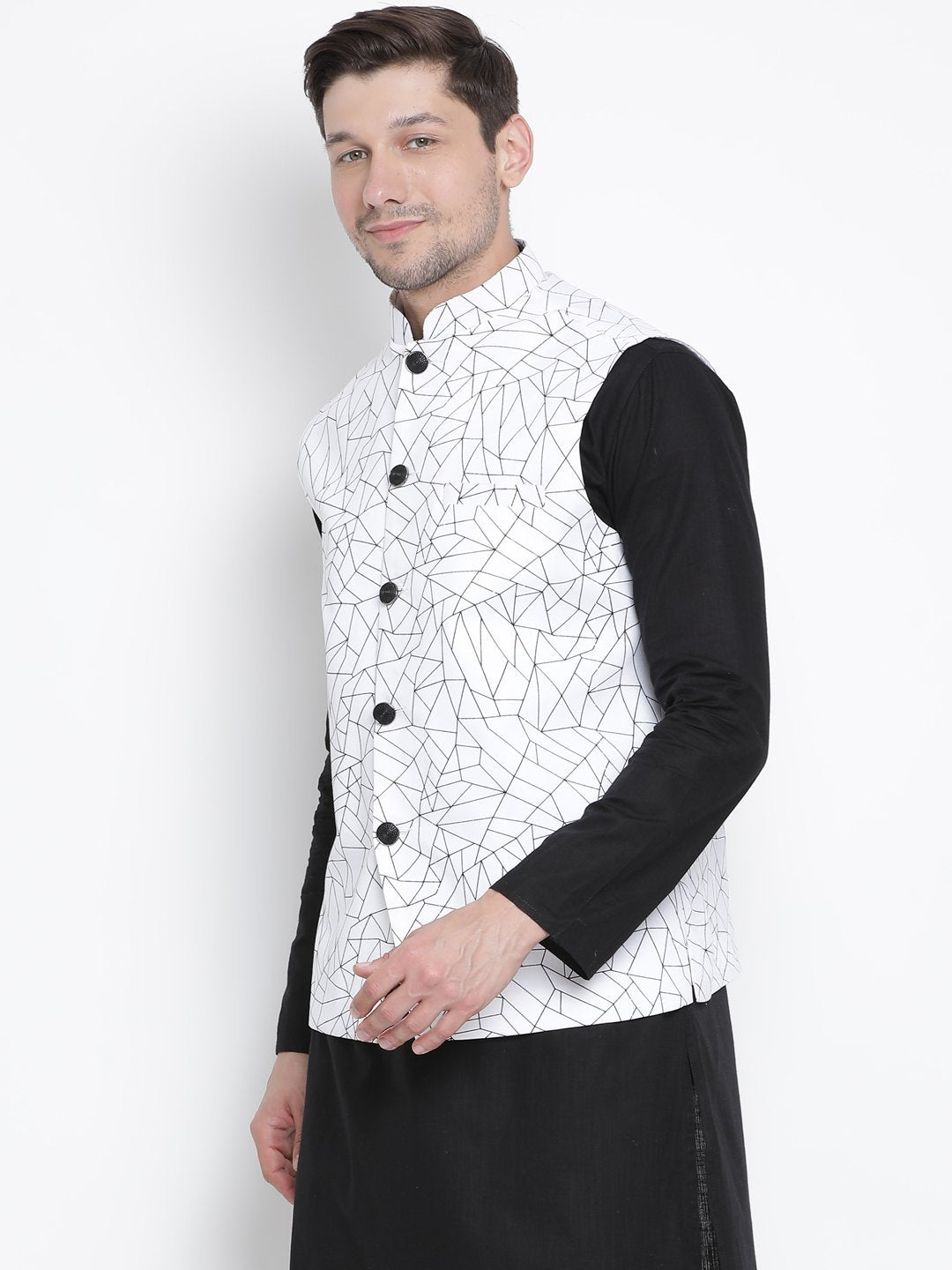 Men's White Cotton Blend Ethnic Jacket
