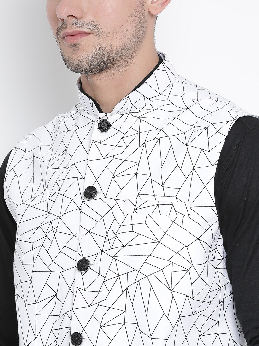 Men's White Cotton Blend Ethnic Jacket