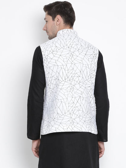 Men's White Cotton Blend Ethnic Jacket