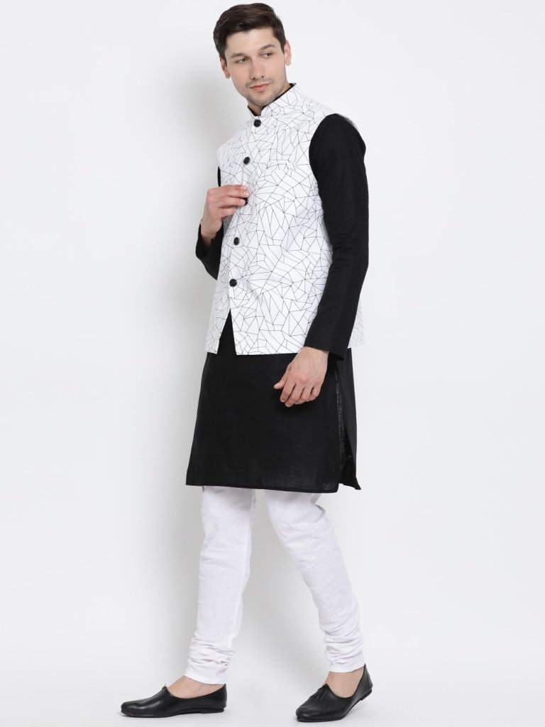 Men's Black Cotton Blend Kurta, Ethnic Jacket and Pyjama Set