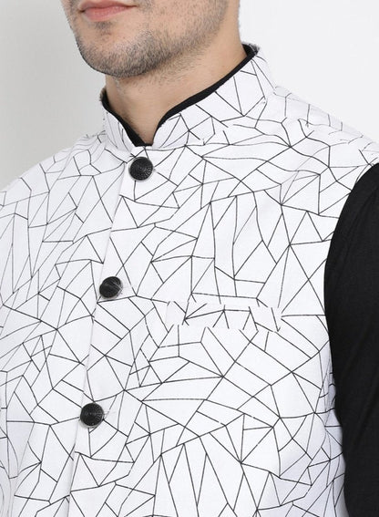 Men's Black Cotton Blend Kurta, Ethnic Jacket and Pyjama Set
