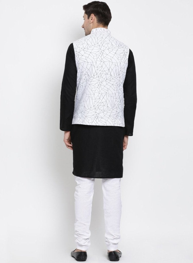 Men's Black Cotton Blend Kurta, Ethnic Jacket and Pyjama Set