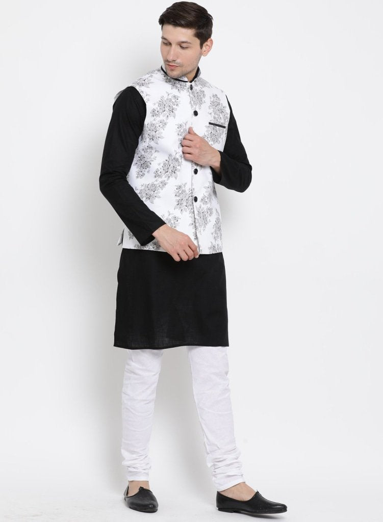 Men's Black Cotton Blend Kurta, Ethnic Jacket and Pyjama Set