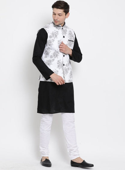 Men's Black Cotton Blend Kurta, Ethnic Jacket and Pyjama Set