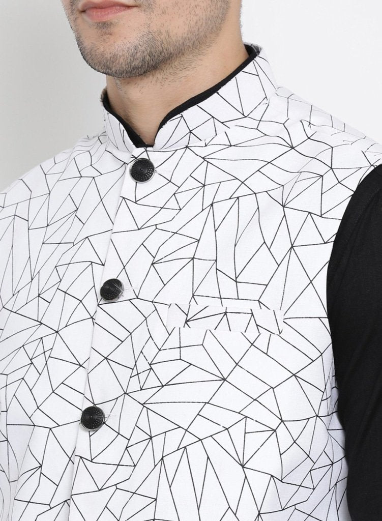Men's Black Cotton Blend Kurta, Ethnic Jacket and Pyjama Set