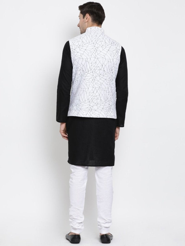 Men's Black Cotton Blend Kurta, Ethnic Jacket and Pyjama Set