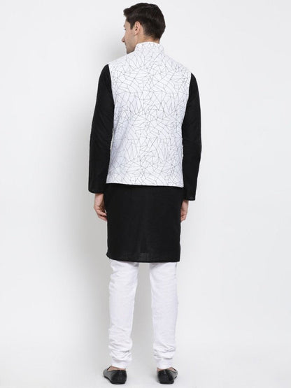 Men's Black Cotton Blend Kurta, Ethnic Jacket and Pyjama Set