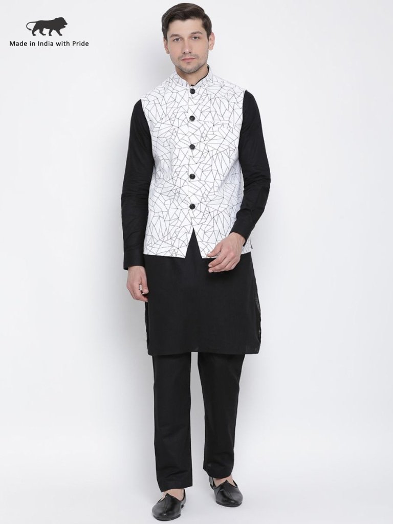 Men's Black Cotton Blend Kurta, Ethnic Jacket and Pyjama Set