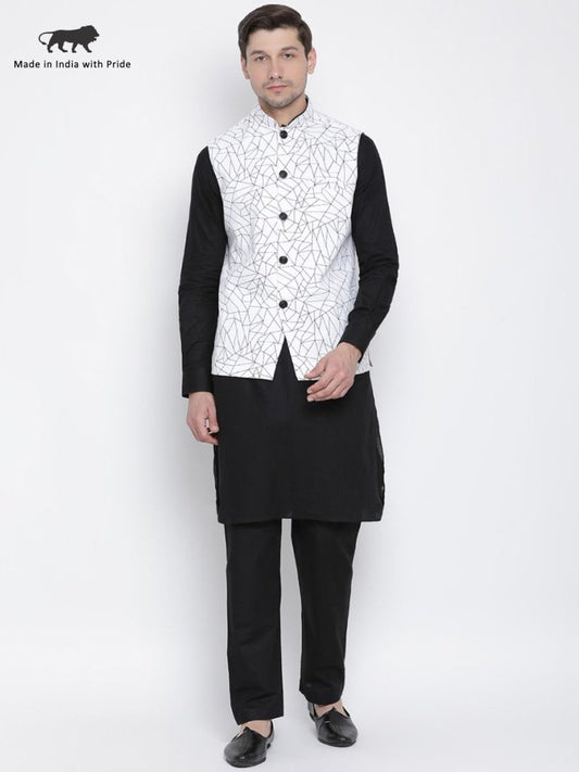 Men's Black Cotton Blend Kurta, Ethnic Jacket and Pyjama Set
