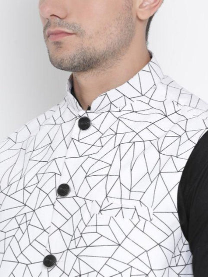 Men's Black Cotton Blend Kurta, Ethnic Jacket and Pyjama Set