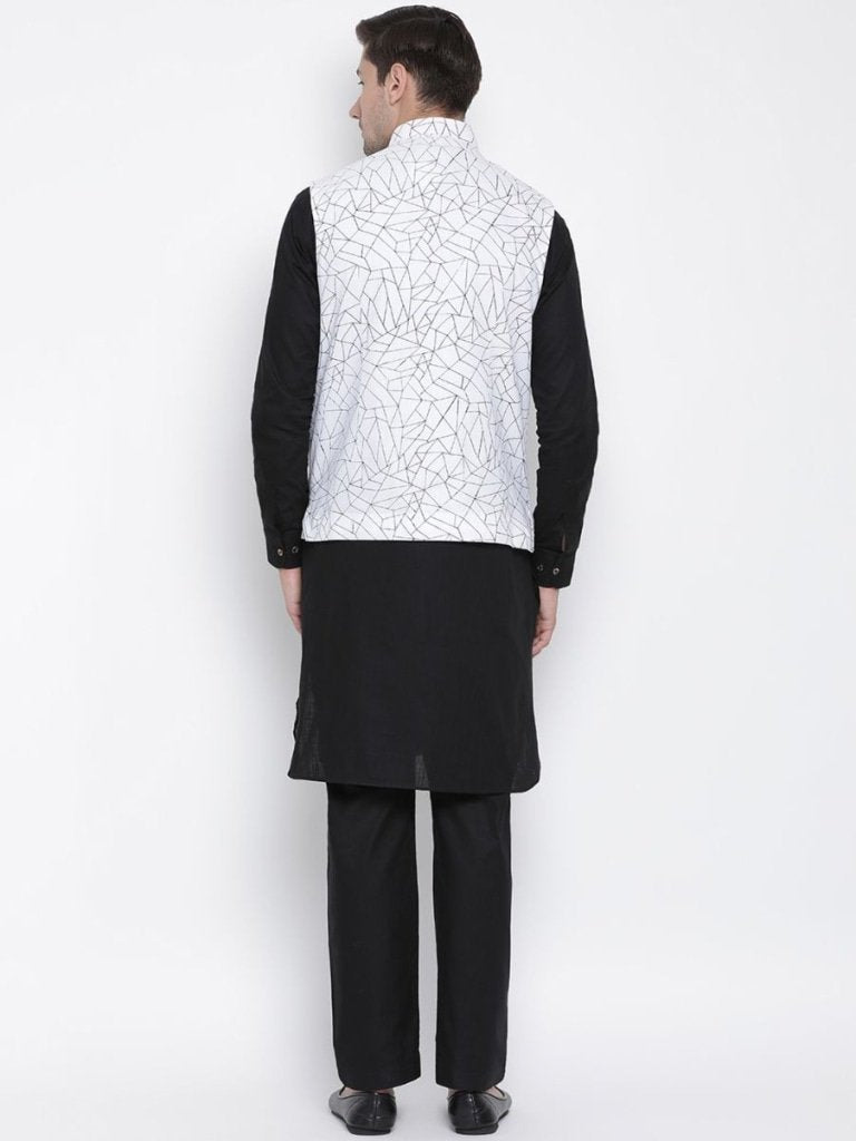 Men's Black Cotton Blend Kurta, Ethnic Jacket and Pyjama Set