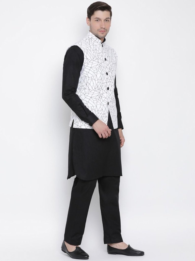 Men's Black Cotton Blend Kurta, Ethnic Jacket and Pyjama Set