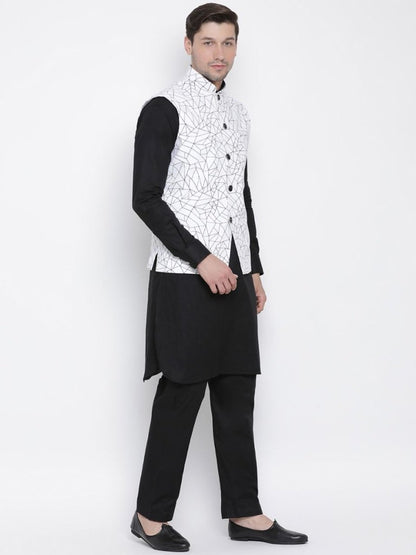 Men's Black Cotton Blend Kurta, Ethnic Jacket and Pyjama Set