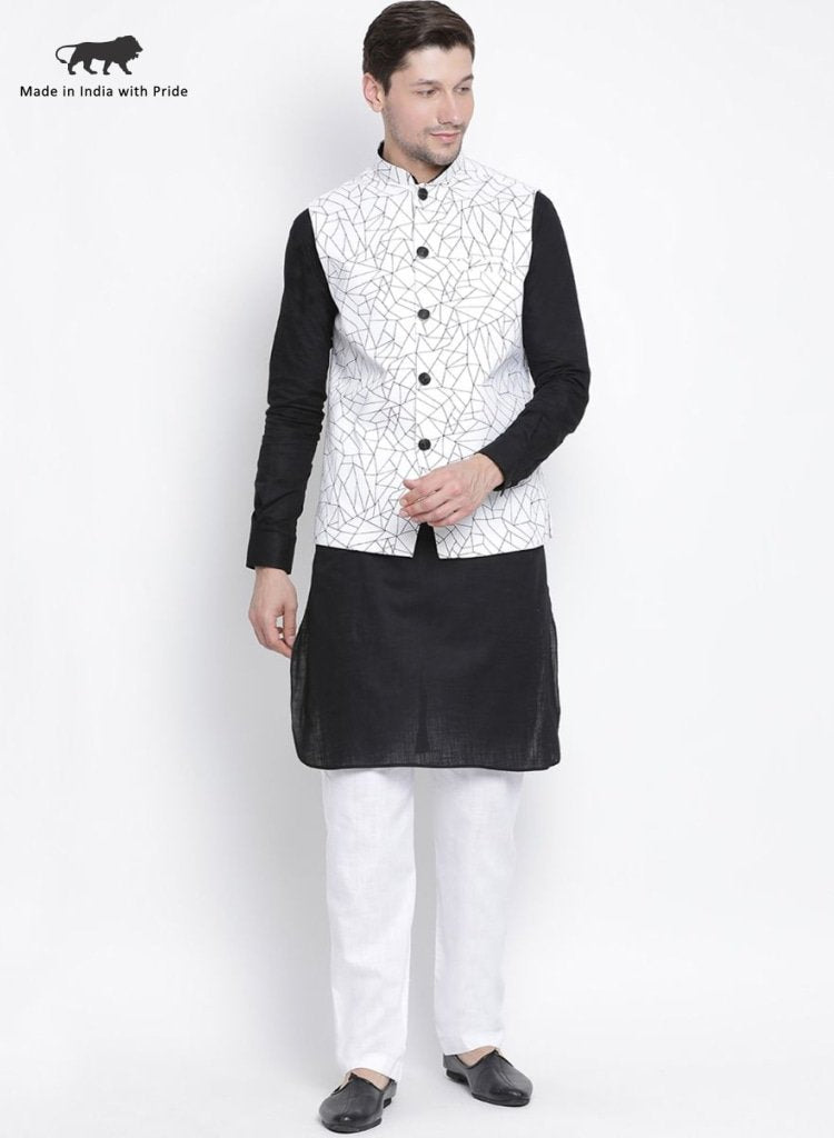 Men's Black Cotton Blend Kurta, Ethnic Jacket and Pyjama Set