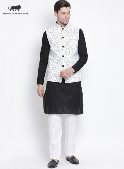 Men's Black Cotton Blend Kurta, Ethnic Jacket and Pyjama Set