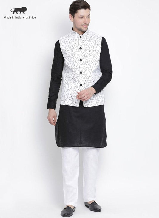 Men's Black Cotton Blend Kurta, Ethnic Jacket and Pyjama Set