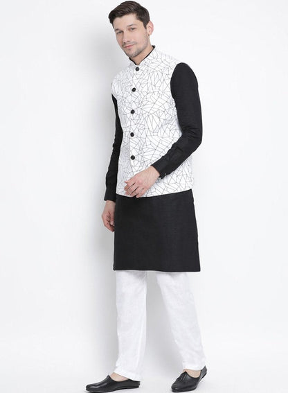 Men's Black Cotton Blend Kurta, Ethnic Jacket and Pyjama Set