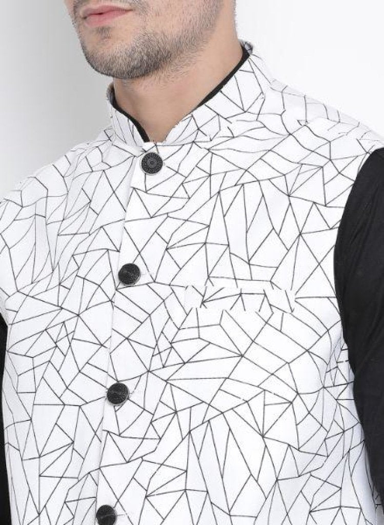 Men's Black Cotton Blend Kurta, Ethnic Jacket and Pyjama Set