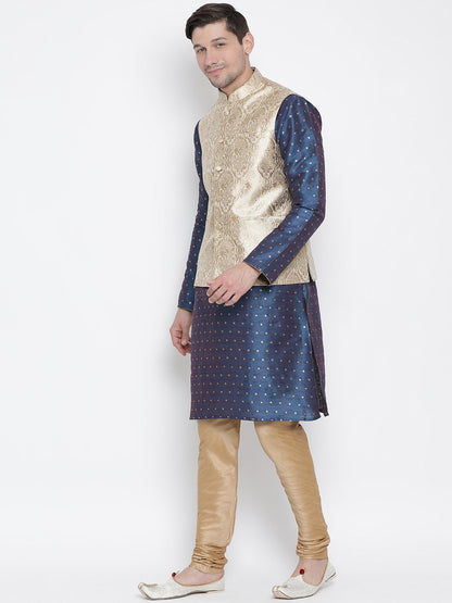 Men's Blue Cotton Silk Blend Kurta, Ethnic Jacket and Pyjama Set