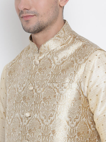 Men's Gold Cotton Silk Blend Kurta, Ethnic Jacket and Pyjama Set
