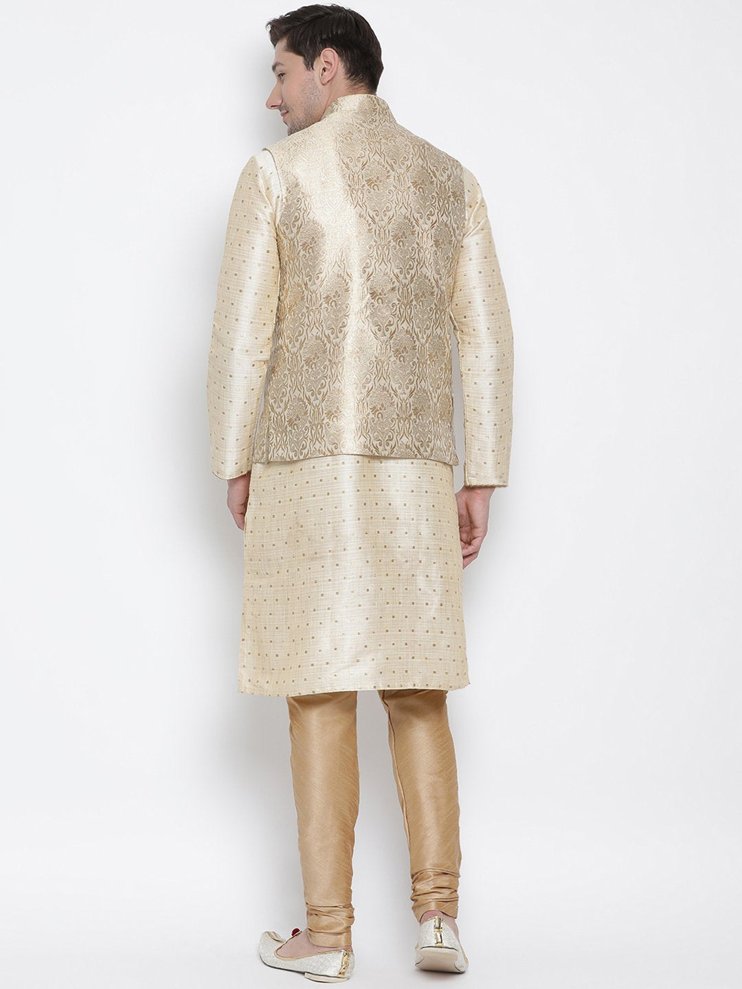 Men's Gold Cotton Silk Blend Kurta, Ethnic Jacket and Pyjama Set