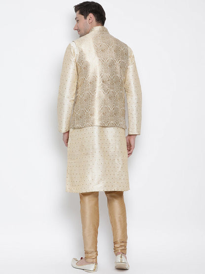 Men's Gold Cotton Silk Blend Kurta, Ethnic Jacket and Pyjama Set