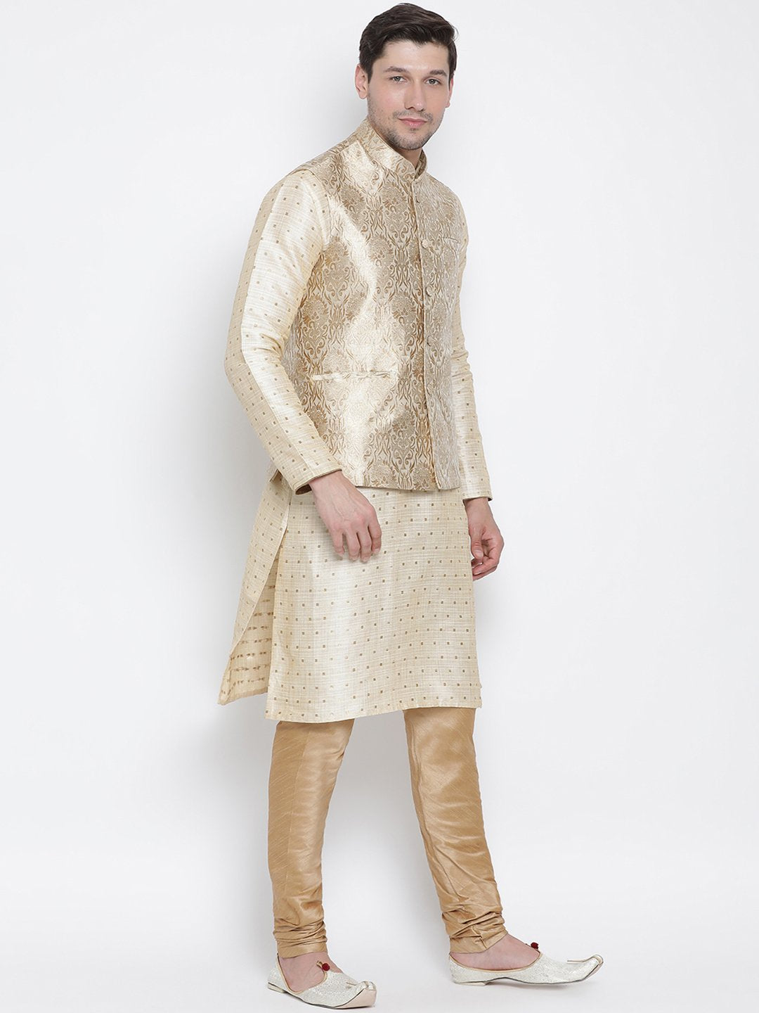 Men's Gold Cotton Silk Blend Kurta, Ethnic Jacket and Pyjama Set