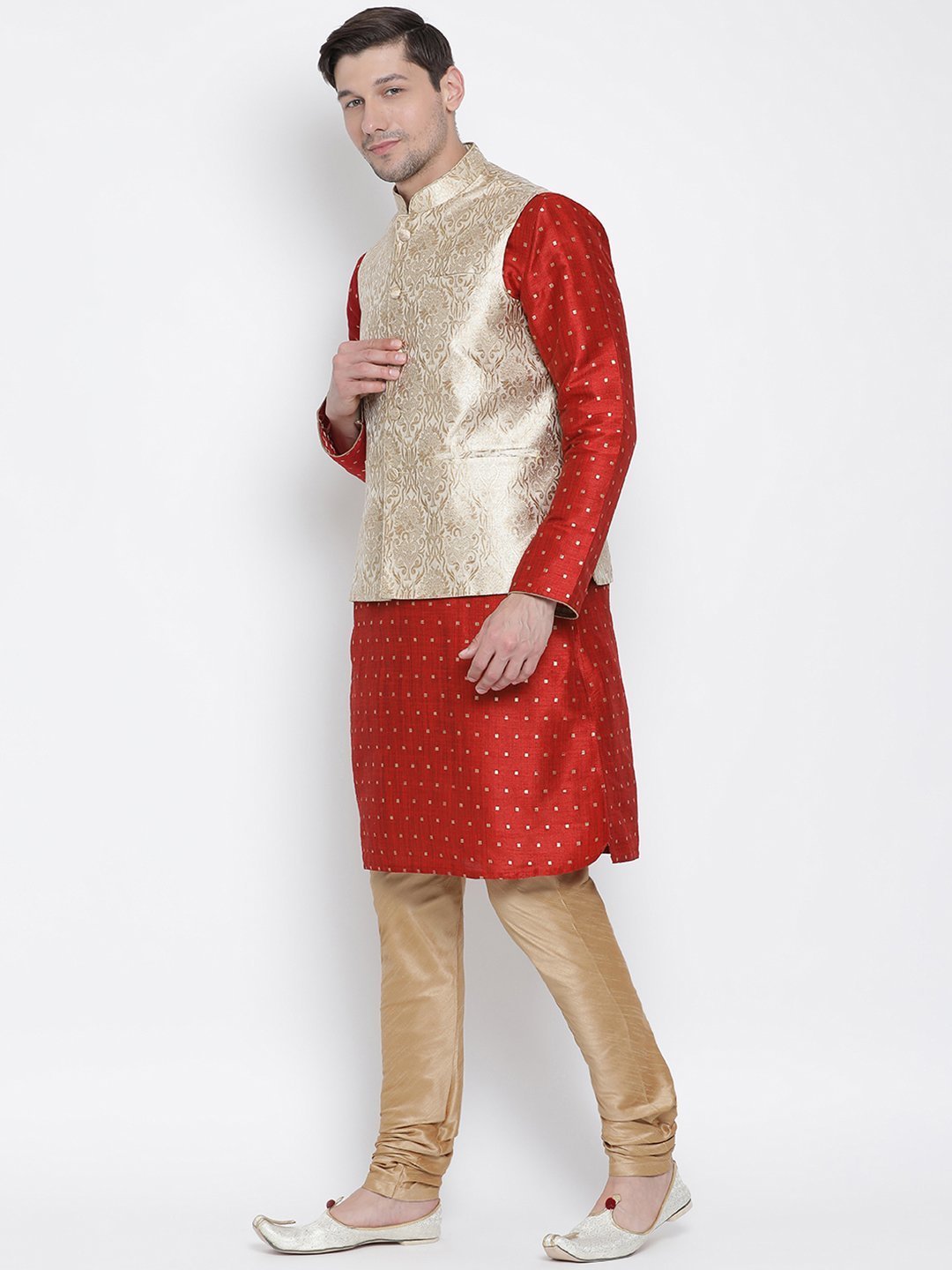 Men's Maroon Cotton Silk Blend Kurta, Ethnic Jacket and Pyjama Set