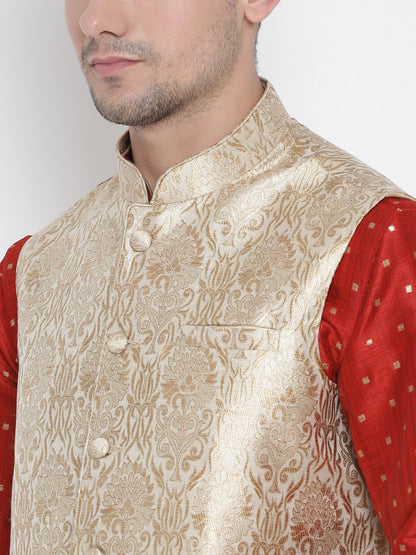 Men's Maroon Cotton Silk Blend Kurta, Ethnic Jacket and Pyjama Set