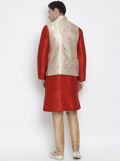 Men's Maroon Cotton Silk Blend Kurta, Ethnic Jacket and Pyjama Set