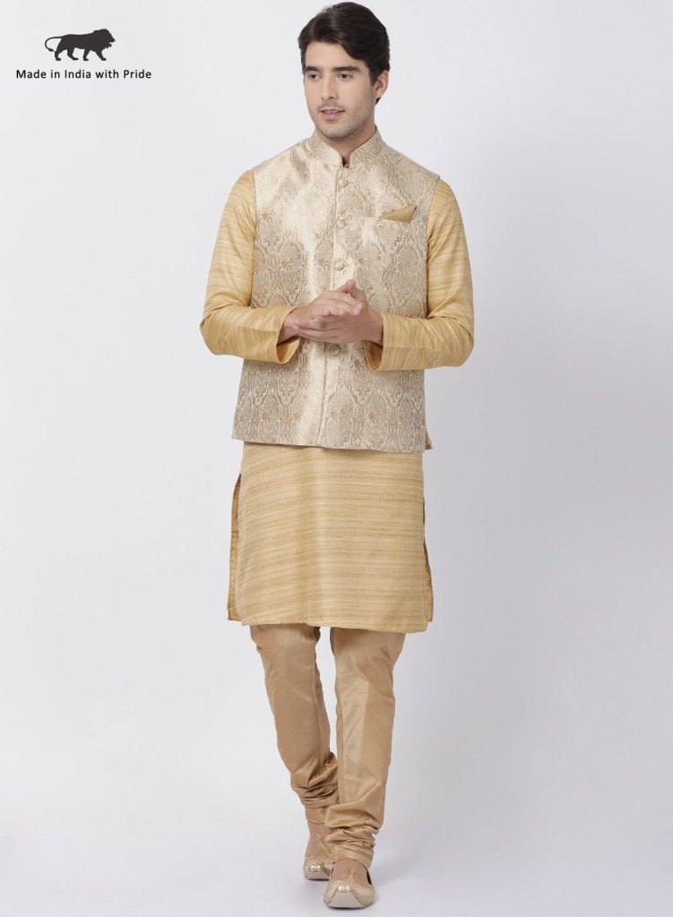 Men's Beige Cotton Silk Blend Kurta, Ethnic Jacket and Pyjama Set