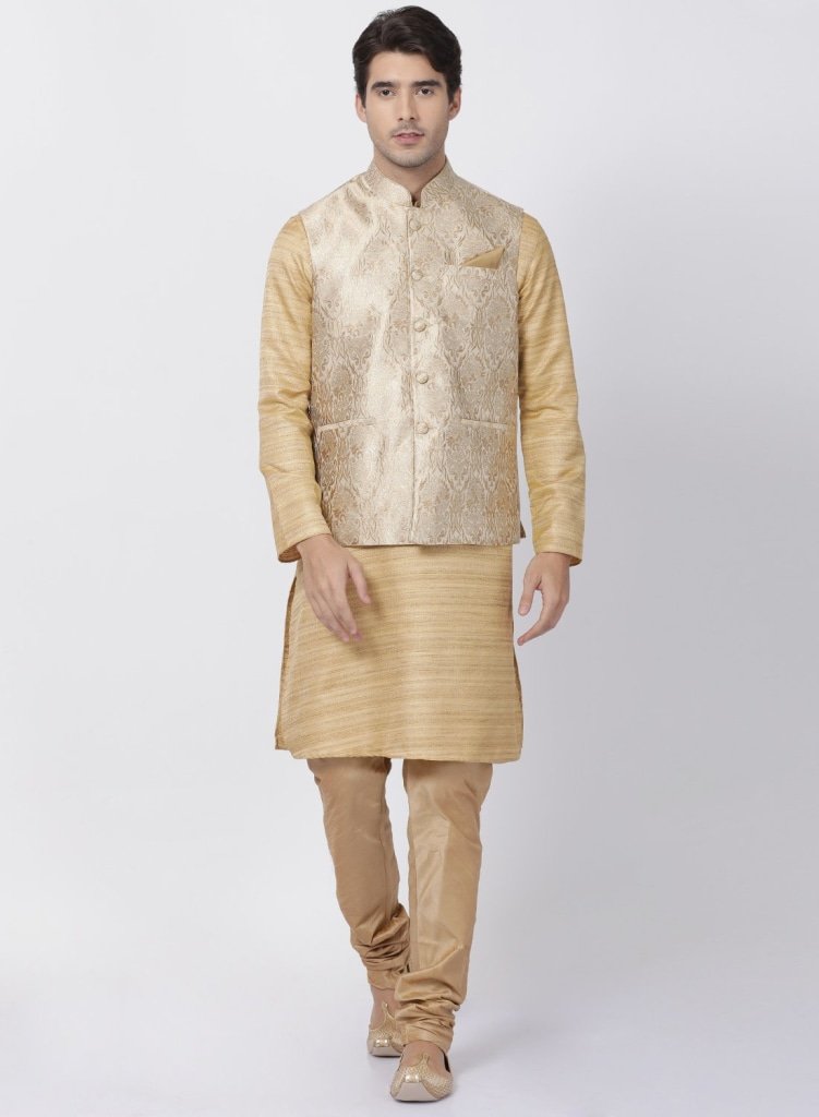 Men's Beige Cotton Silk Blend Kurta, Ethnic Jacket and Pyjama Set
