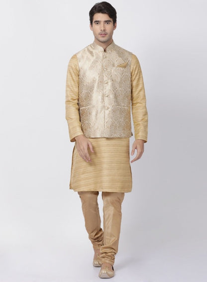 Men's Beige Cotton Silk Blend Kurta, Ethnic Jacket and Pyjama Set