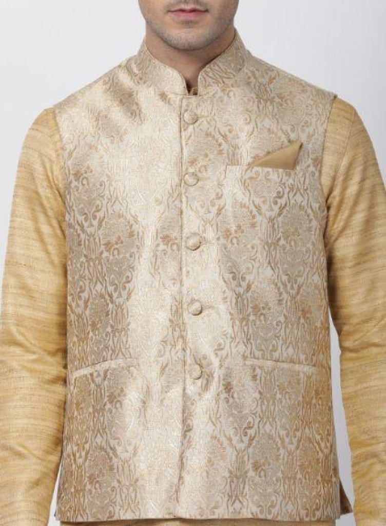 Men's Beige Cotton Silk Blend Kurta, Ethnic Jacket and Pyjama Set