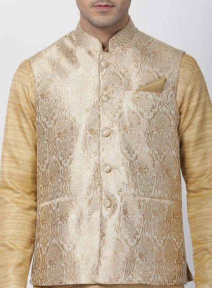 Men's Beige Cotton Silk Blend Kurta, Ethnic Jacket and Pyjama Set