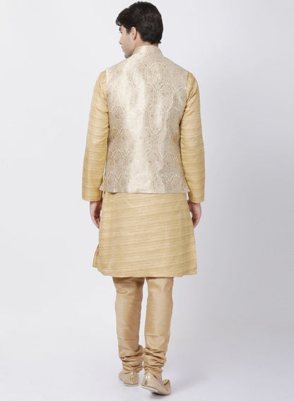 Men's Beige Cotton Silk Blend Kurta, Ethnic Jacket and Pyjama Set