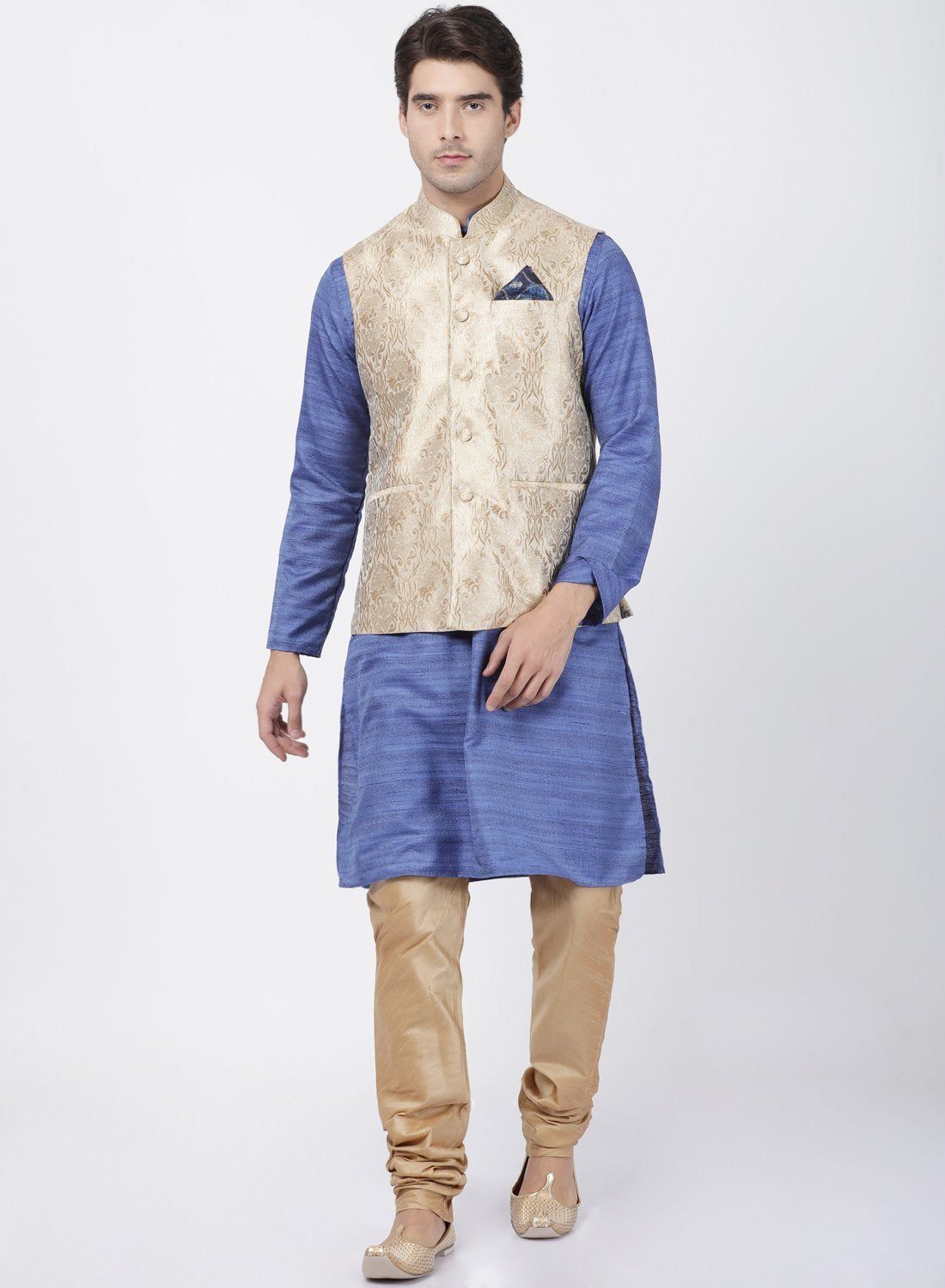 Men's Blue Cotton Silk Blend Kurta, Ethnic Jacket and Pyjama Set