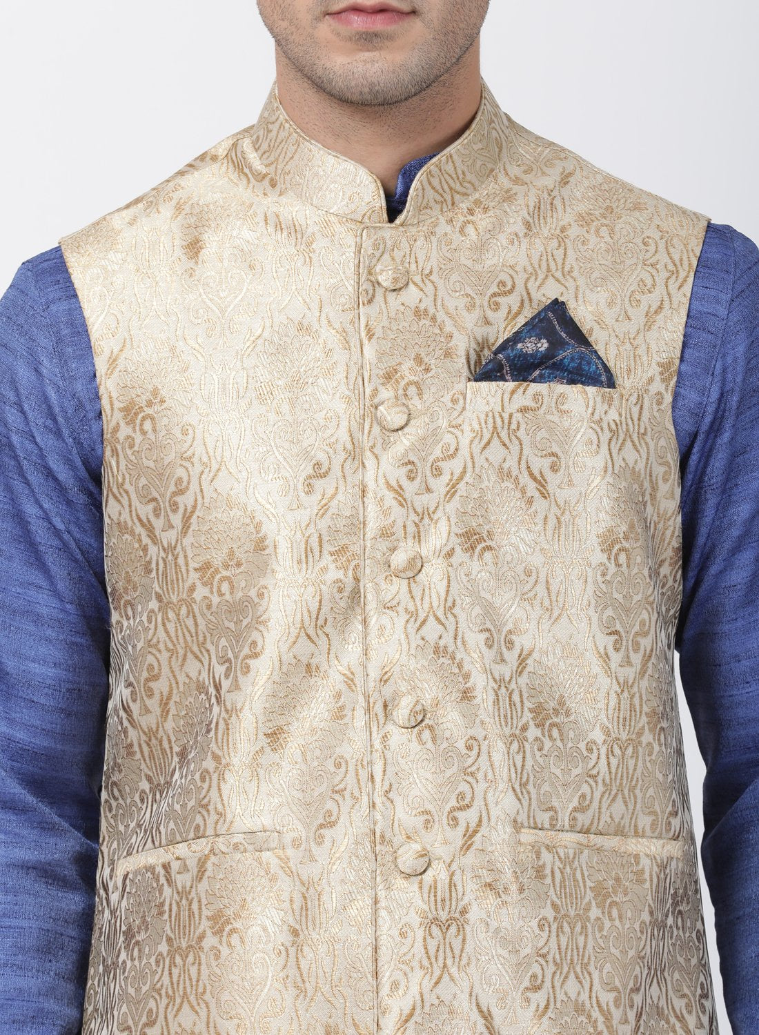 Men's Blue Cotton Silk Blend Kurta, Ethnic Jacket and Pyjama Set