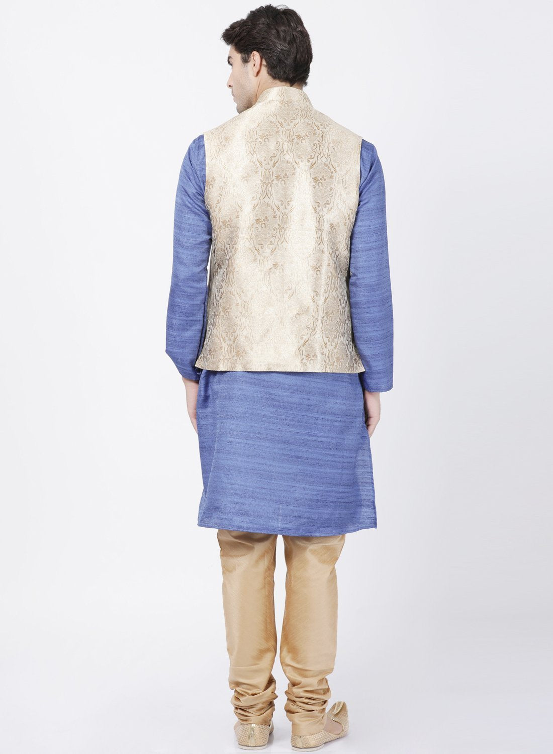 Men's Blue Cotton Silk Blend Kurta, Ethnic Jacket and Pyjama Set