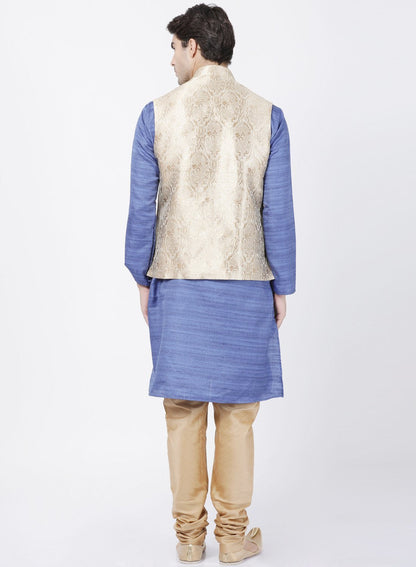 Men's Blue Cotton Silk Blend Kurta, Ethnic Jacket and Pyjama Set