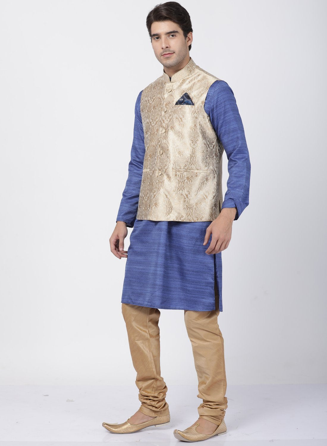Men's Blue Cotton Silk Blend Kurta, Ethnic Jacket and Pyjama Set